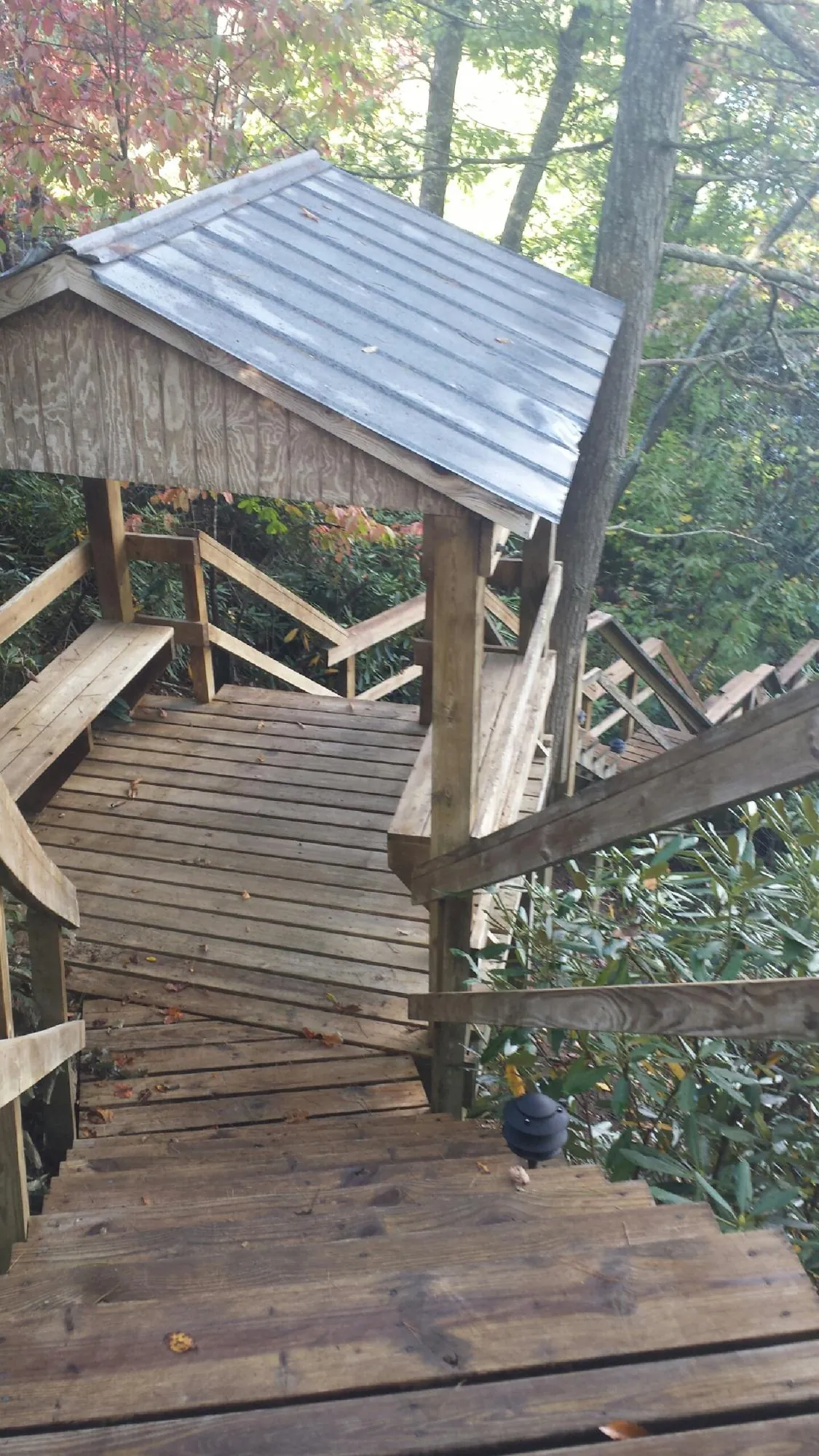 Metal roofed shelter over wooden steps on a wooded walkway — Skylight Repair & Installation work by our crew in Milford